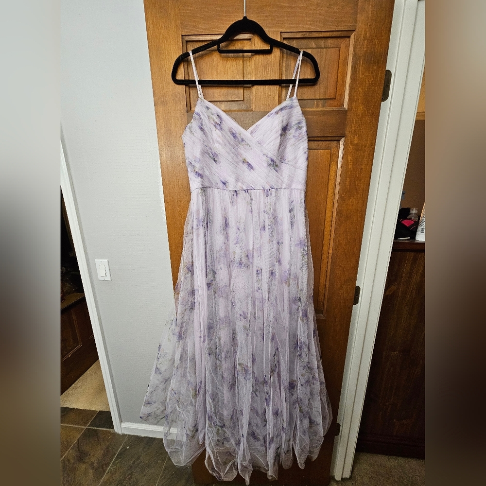 Dessy Collection Lilac Floral Bridesmaid Gown